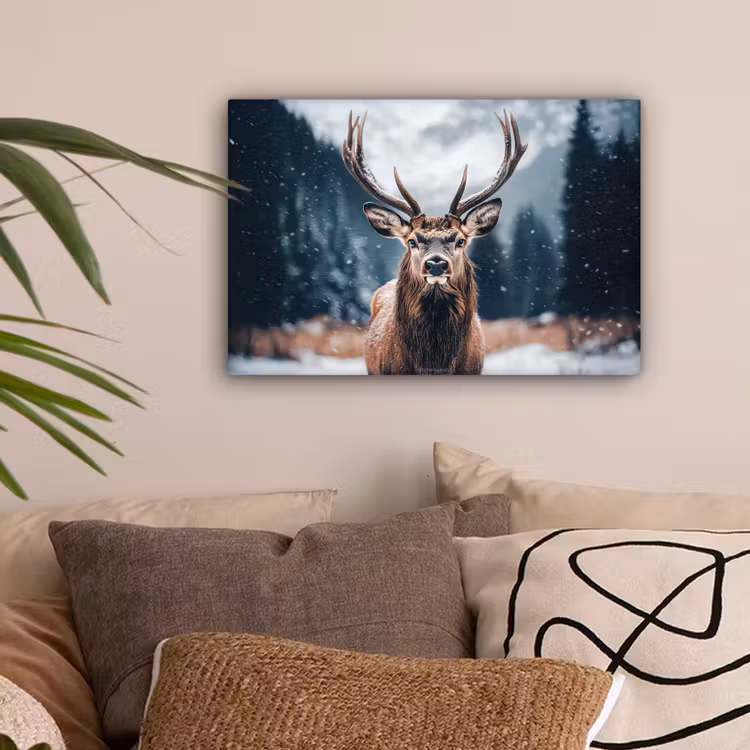 Hert - Winter - Hertenkop - Sneeuw - Gewei canvas 2cm klein -sfeer1
