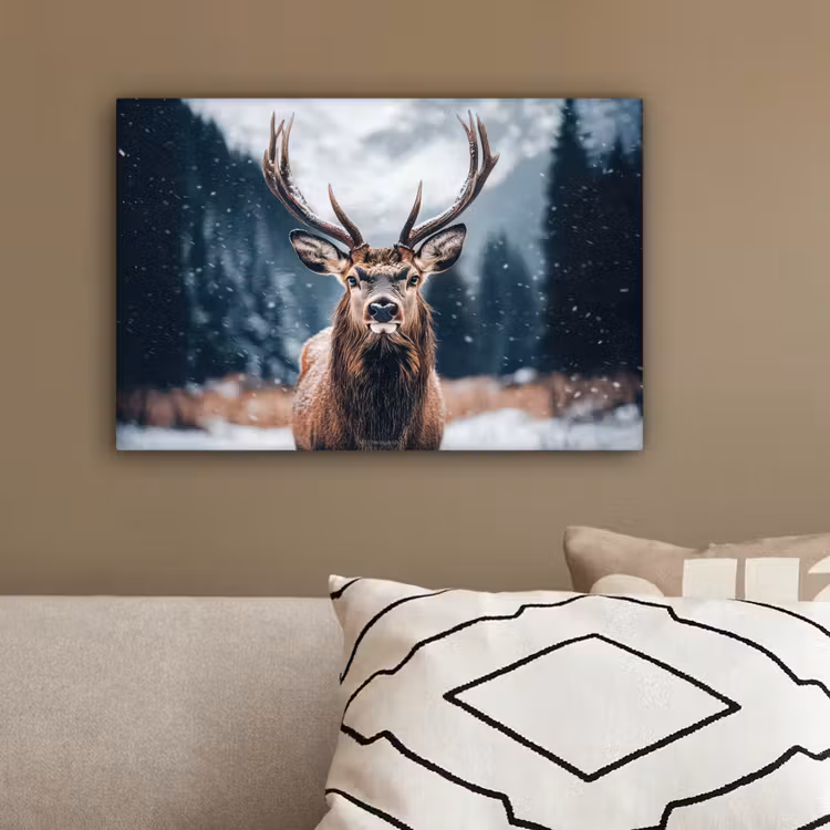 Hert - Winter - Hertenkop - Sneeuw - Gewei canvas 2cm klein -sfeer3
