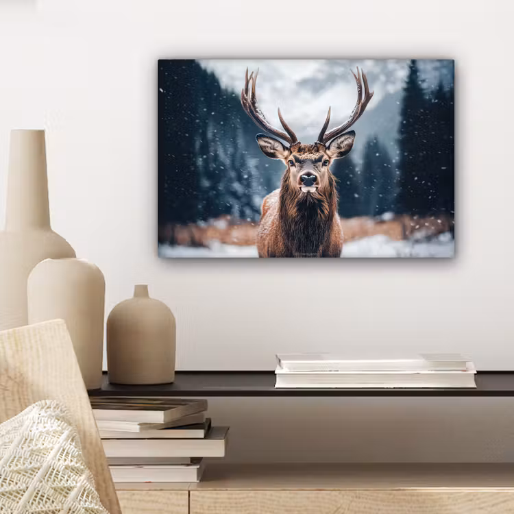 Hert - Winter - Hertenkop - Sneeuw - Gewei canvas 2cm klein -sfeer6