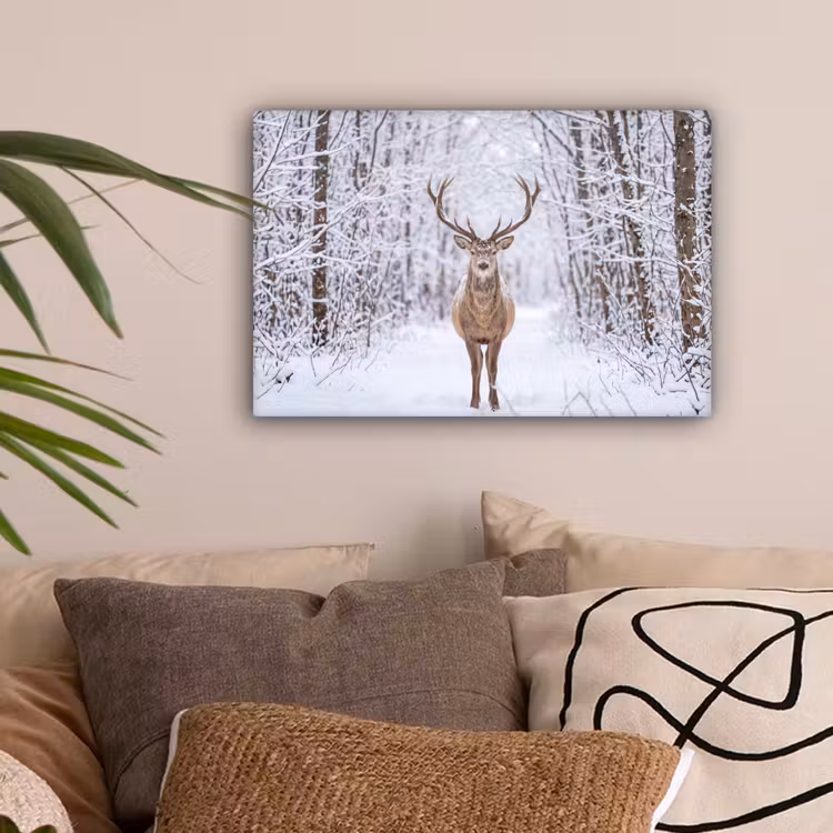 Hert - Winter - Bos - Natuur - Wit canvas 2cm klein -sfeer1