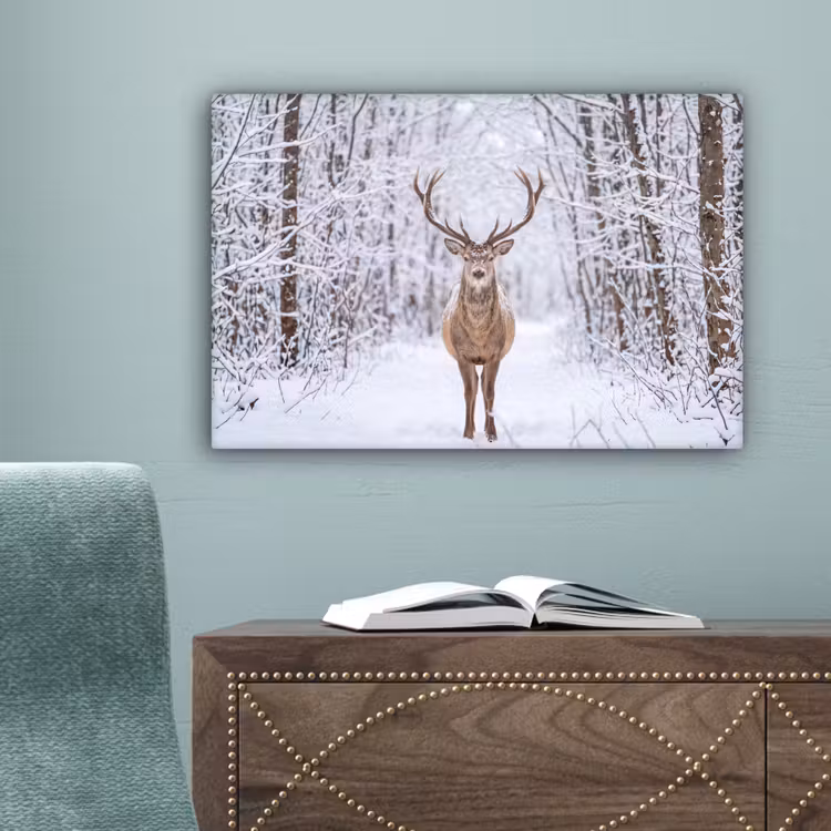 Hert - Winter - Bos - Natuur - Wit canvas 2cm klein -sfeer4