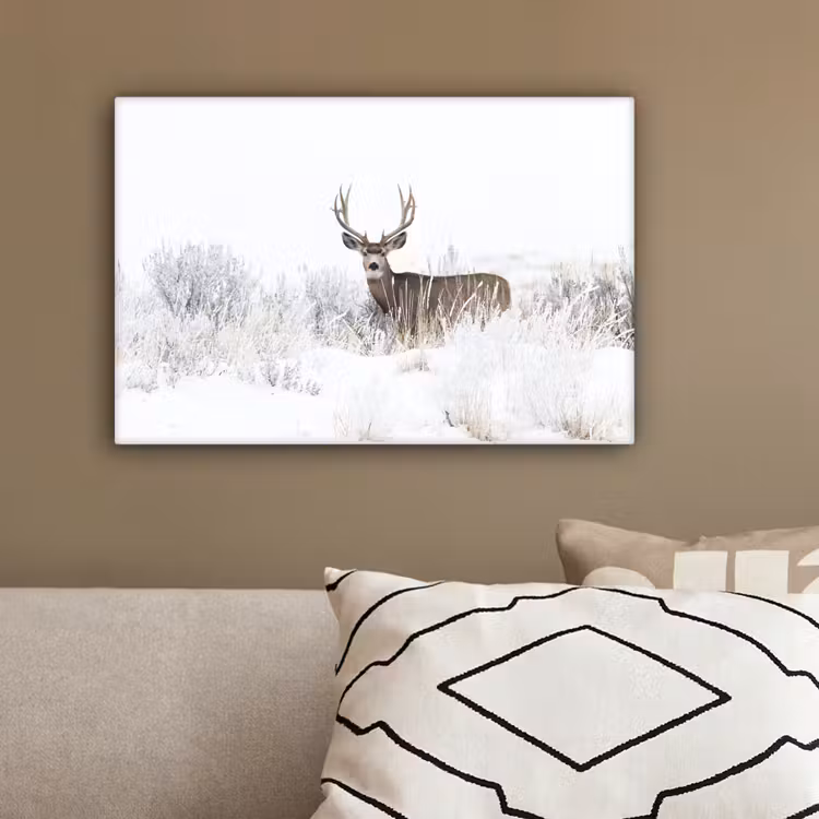 Hert - Winter - Sneeuw - Dieren - Seizoenen - Wit canvas 2cm klein -sfeer3