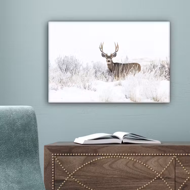 Hert - Winter - Sneeuw - Dieren - Seizoenen - Wit canvas 2cm klein -sfeer4
