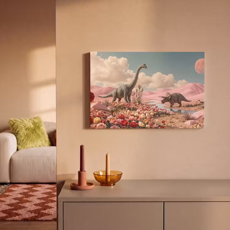 Canvas Print - Dinosaur - Pink - Landscape - Dinosaurus - Roze - Landschap canvas 2cm klein