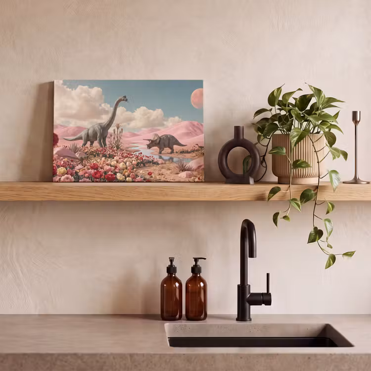 Canvas Print - Dinosaur - Pink - Landscape - Dinosaurus - Roze - Landschap canvas 2cm klein