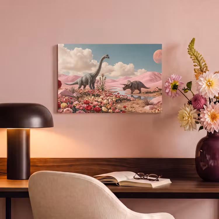 Canvas Print - Dinosaur - Pink - Landscape - Dinosaurus - Roze - Landschap canvas 2cm klein