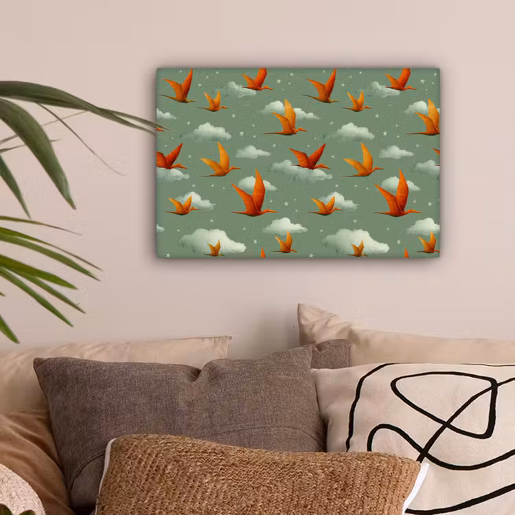 Dinosaurussen - Wolken - Sterren - Oranje canvas 2cm klein -sfeer1