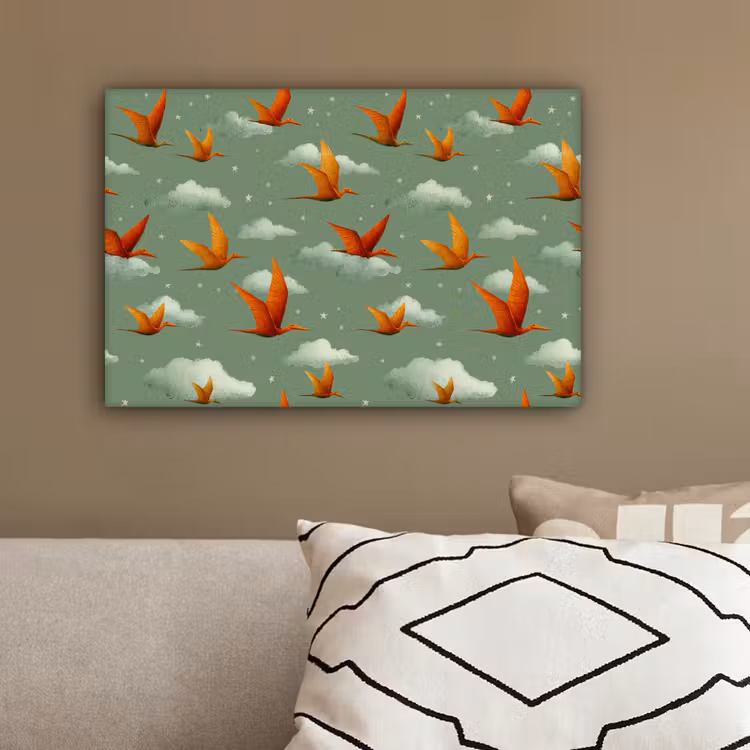 Dinosaurussen - Wolken - Sterren - Oranje canvas 2cm klein -sfeer3