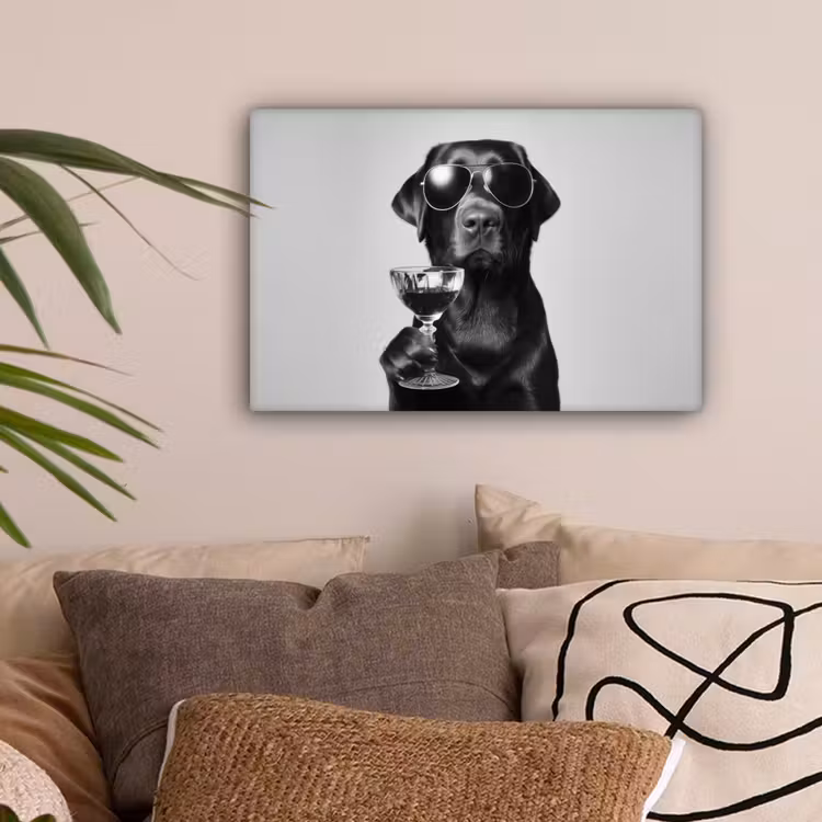 Hond - Zwart - Wijnglas - Zonnebril canvas 2cm klein -sfeer1