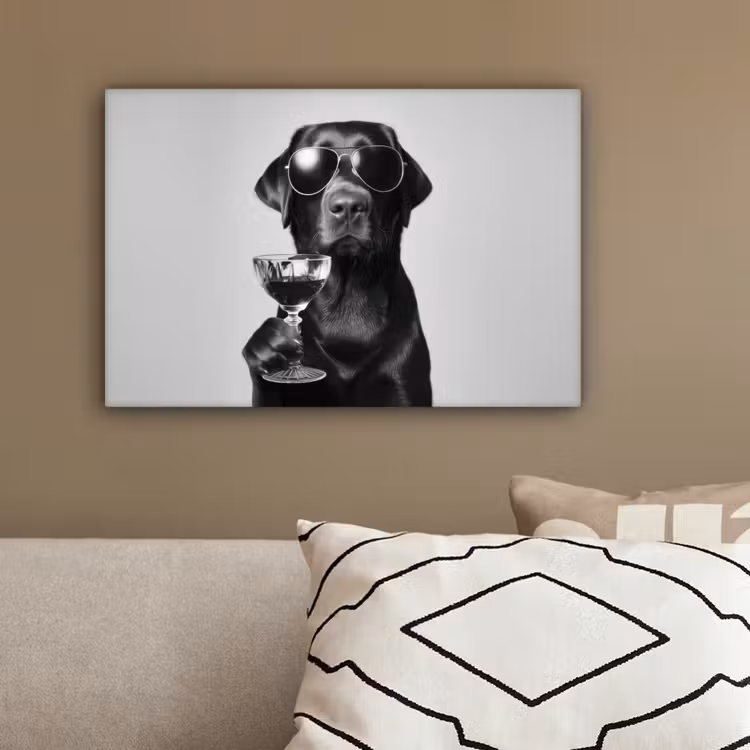 Hond - Zwart - Wijnglas - Zonnebril canvas 2cm klein -sfeer3
