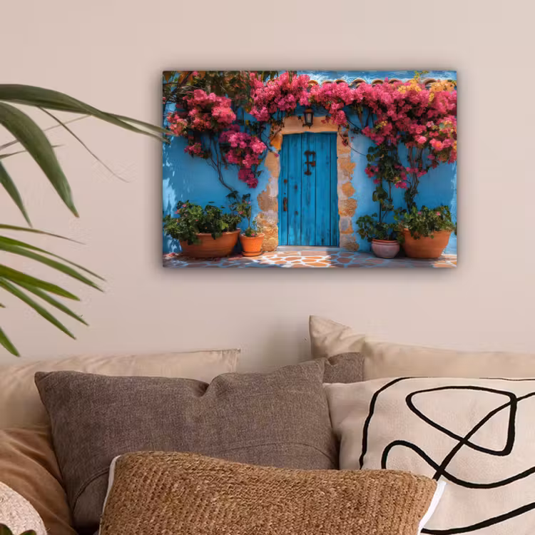 Deur - Hout - Bloemen - Blauw canvas 2cm klein -sfeer1