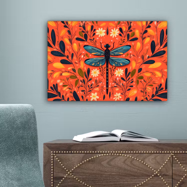 Libel - Blauw - Vleugels - Bladeren canvas 2cm klein -sfeer4