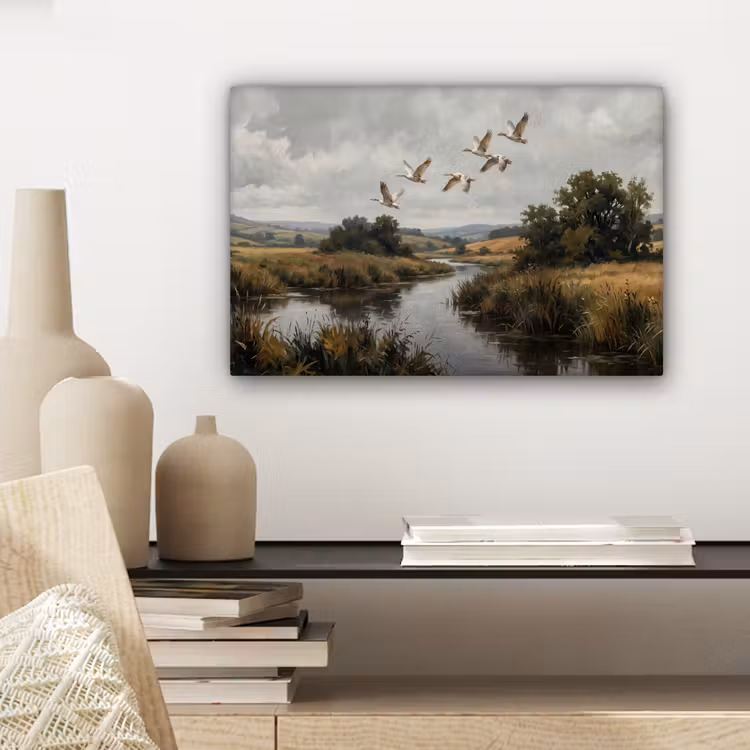 Eenden - Rivier - Landschap - Vlucht - Nostalgisch canvas 2cm klein -sfeer6