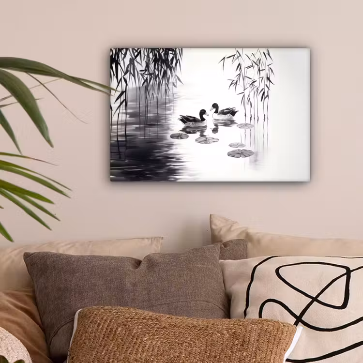 Eenden - Waterlelies - Riet - Zwart canvas 2cm klein -sfeer1