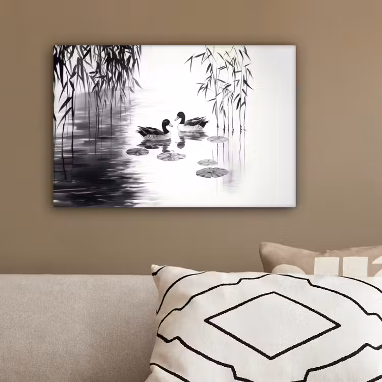 Eenden - Waterlelies - Riet - Zwart canvas 2cm klein -sfeer3