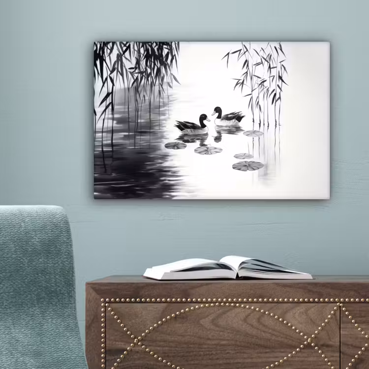 Eenden - Waterlelies - Riet - Zwart canvas 2cm klein -sfeer4