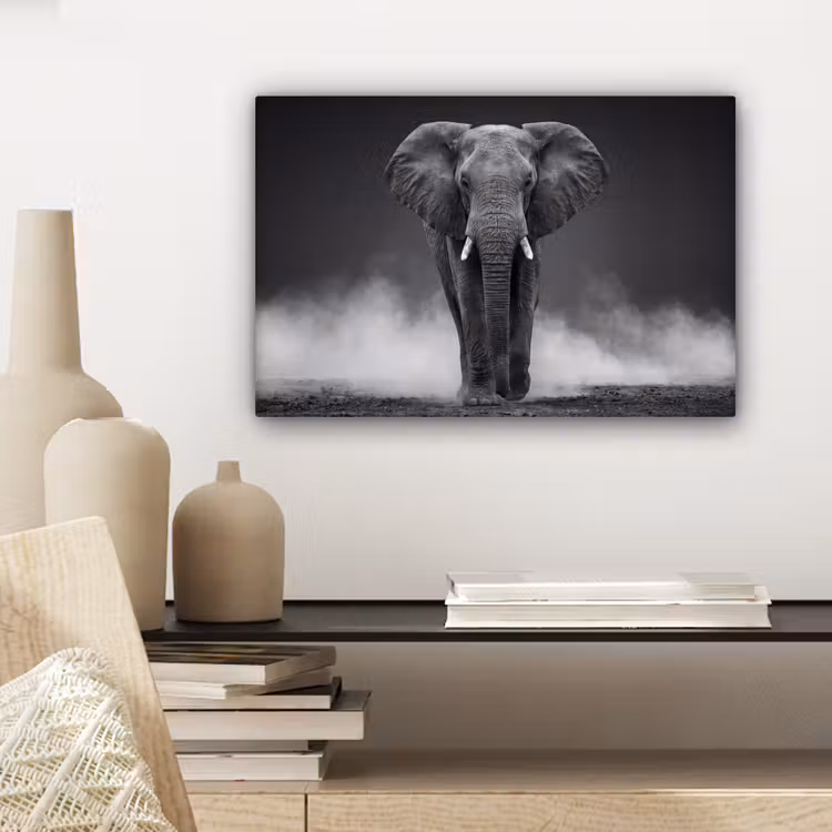 Olifant - Zwart - Wit - Rook canvas 2cm klein -sfeer6