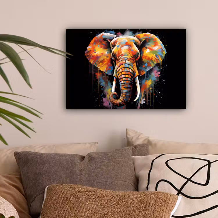 Olifant - Graffiti - Zwart - Dieren - Kleuren canvas 2cm klein -sfeer1