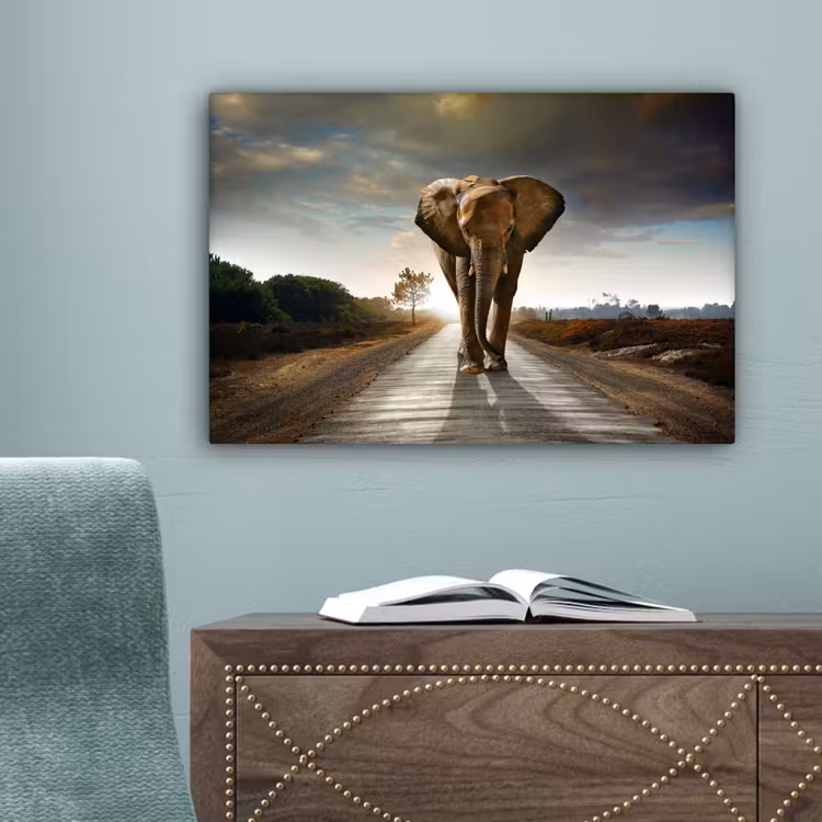 Olifant - Weg - Dieren - Zonsondergang - Landschap canvas 2cm klein -sfeer4