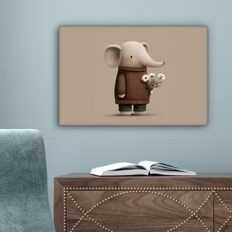 Olifant - Witte bloemen - Kindvriendelijk canvas 2cm klein -sfeer4