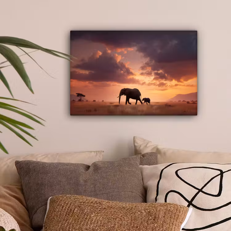 Olifanten - Grasland - Zonsondergang canvas 2cm klein -sfeer1
