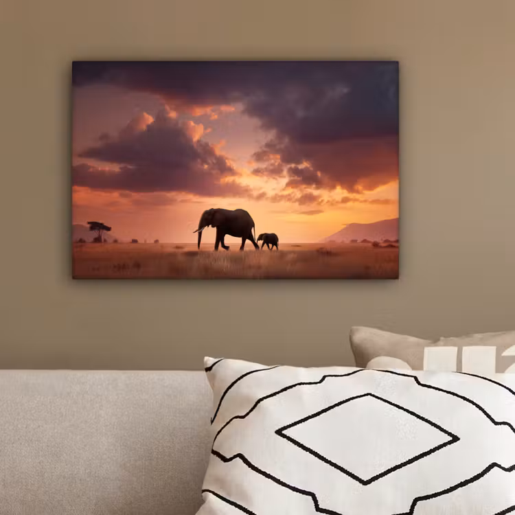 Olifanten - Grasland - Zonsondergang canvas 2cm klein -sfeer3