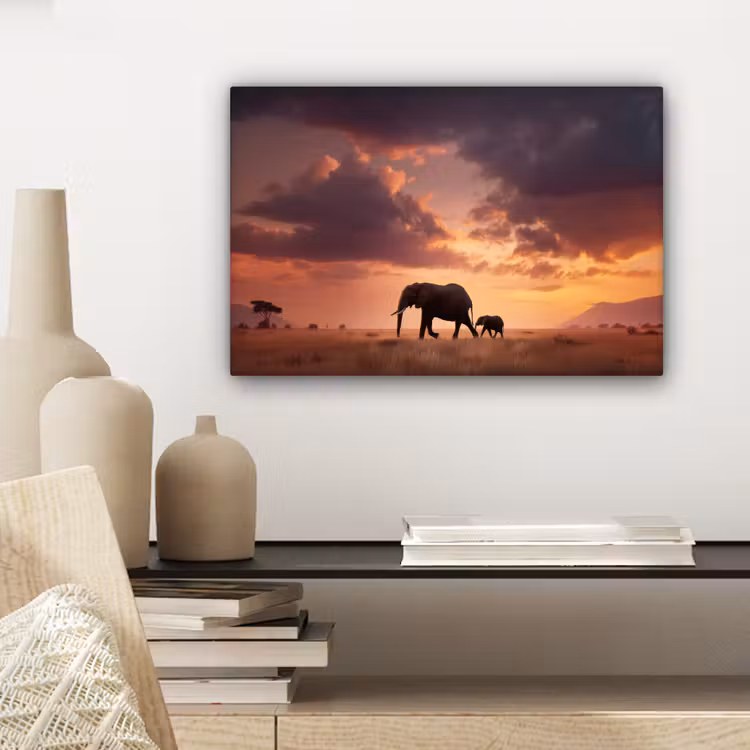 Olifanten - Grasland - Zonsondergang canvas 2cm klein -sfeer6