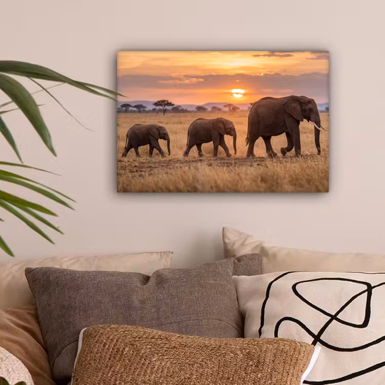 Olifanten - Savanne - Zonsondergang - Afrika - Warm canvas 2cm klein -sfeer1