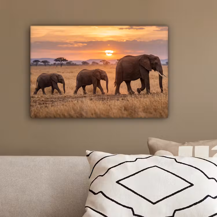 Olifanten - Savanne - Zonsondergang - Afrika - Warm canvas 2cm klein -sfeer3