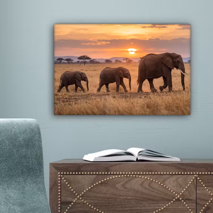 Olifanten - Savanne - Zonsondergang - Afrika - Warm canvas 2cm klein -sfeer4