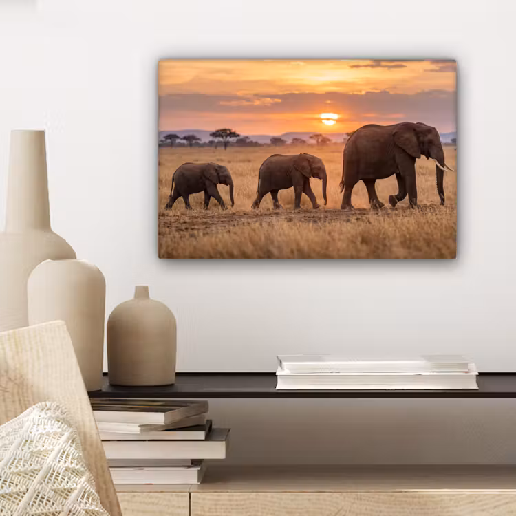 Olifanten - Savanne - Zonsondergang - Afrika - Warm canvas 2cm klein -sfeer6