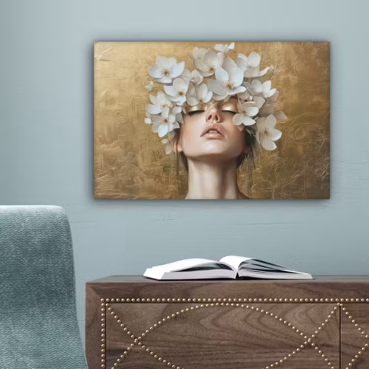 Gezicht - Bloemen - Goud - Abstract canvas 2cm klein -sfeer4