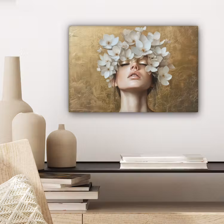 Gezicht - Bloemen - Goud - Abstract canvas 2cm klein -sfeer6