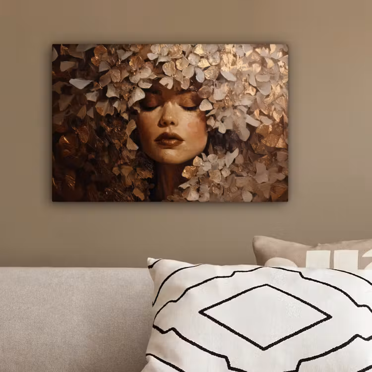 Gezicht - Vrouwe - Bladeren - Penseelstreken canvas 2cm klein -sfeer3