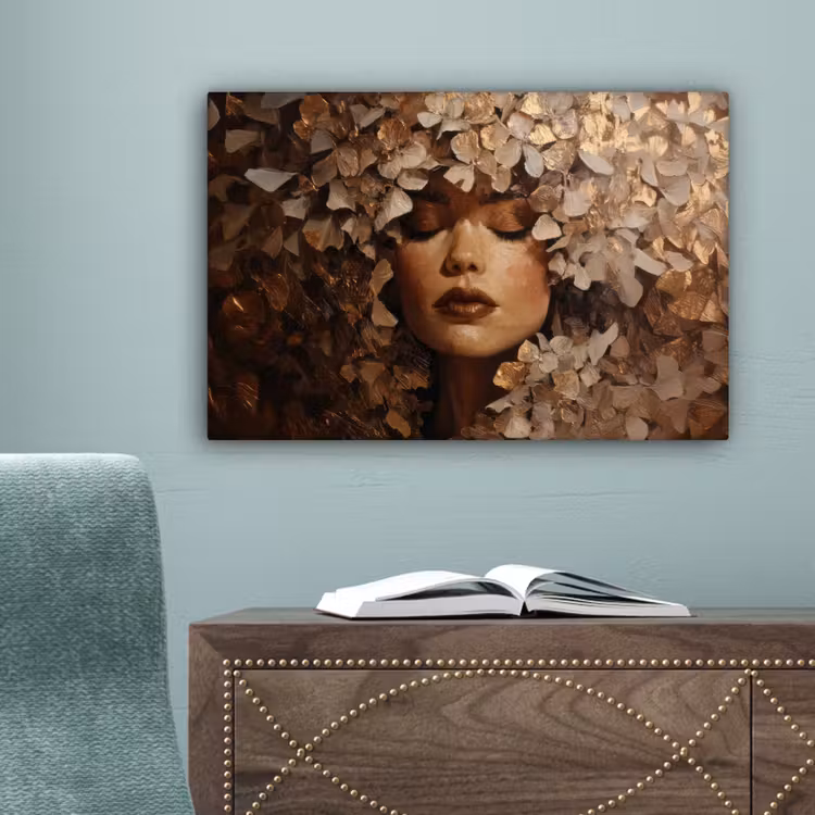 Gezicht - Vrouwe - Bladeren - Penseelstreken canvas 2cm klein -sfeer4
