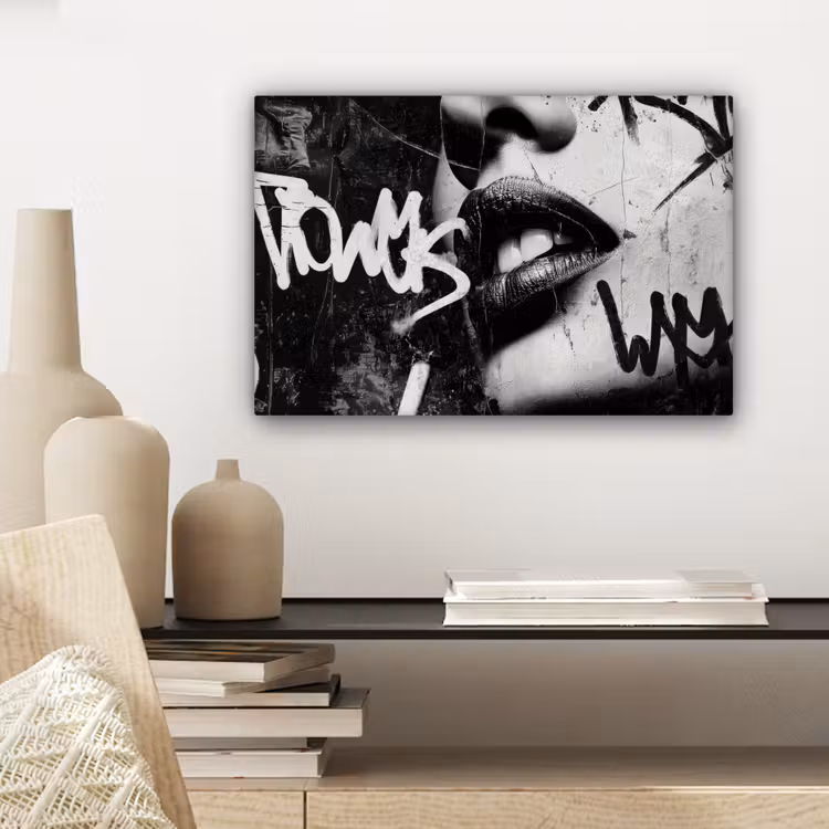 Gezicht - Mond - Graffiti - Zwart canvas 2cm klein -sfeer6