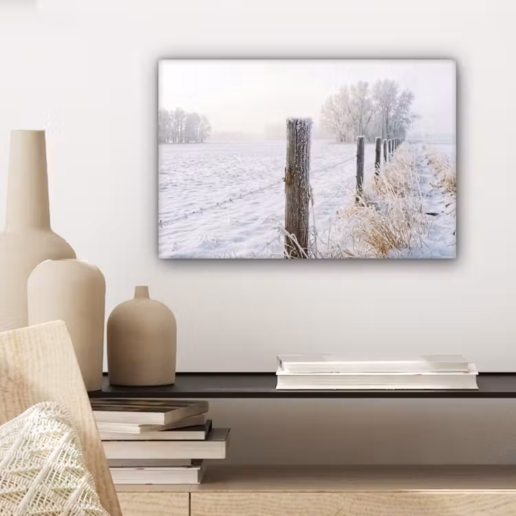 Hek - Sneeuw - Mist - Platteland - Nostalgisch canvas 2cm klein -sfeer6