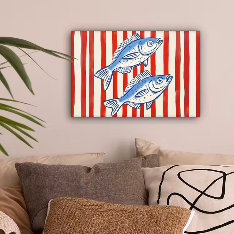 Vissen - Verticale strepen - Blauw - Rood canvas 2cm klein -sfeer1