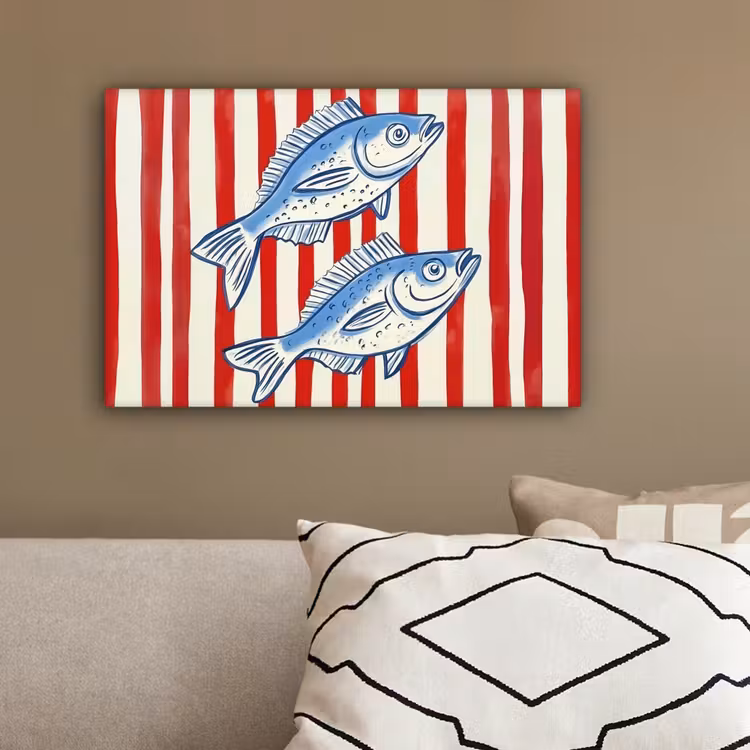 Vissen - Verticale strepen - Blauw - Rood canvas 2cm klein -sfeer3