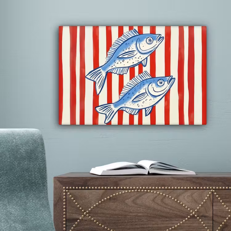 Vissen - Verticale strepen - Blauw - Rood canvas 2cm klein -sfeer4