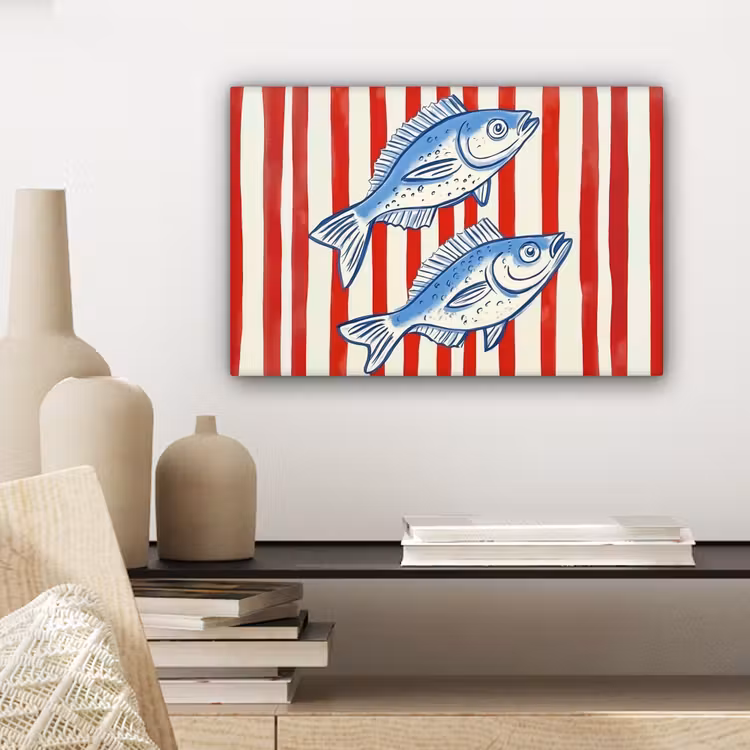 Vissen - Verticale strepen - Blauw - Rood canvas 2cm klein -sfeer6