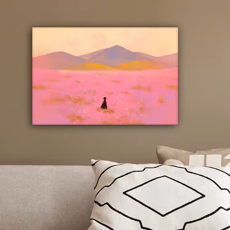 Bloemenweide - Heuvels - Silhouet - Roze canvas 2cm klein -sfeer3