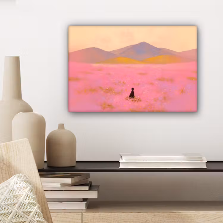 Bloemenweide - Heuvels - Silhouet - Roze canvas 2cm klein -sfeer6