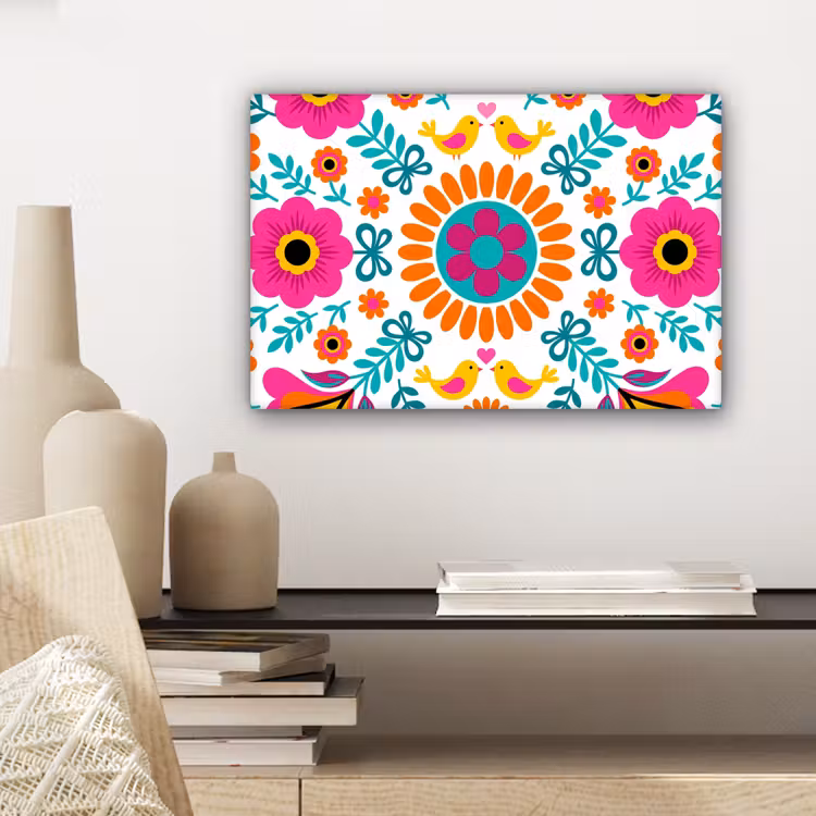 Bloemen - Vogel - Patroon - Kleurrijk - Modern canvas 2cm klein -sfeer6