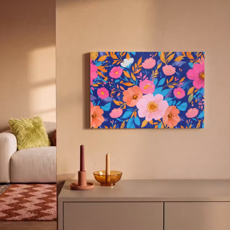 Bloemen - Blauw - Roze canvas 2cm klein -sfeer1
