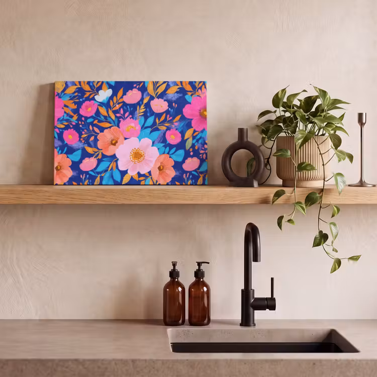 Bloemen - Blauw - Roze canvas 2cm klein -sfeer3
