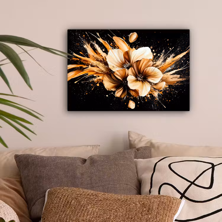 Bloemen - Goud - Graffiti - Zwart - Abstract canvas 2cm klein -sfeer1