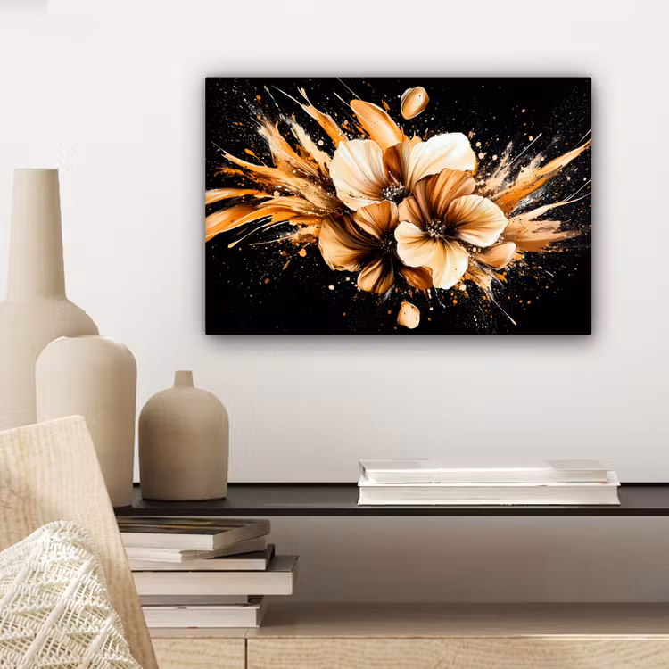 Bloemen - Goud - Graffiti - Zwart - Abstract canvas 2cm klein -sfeer6