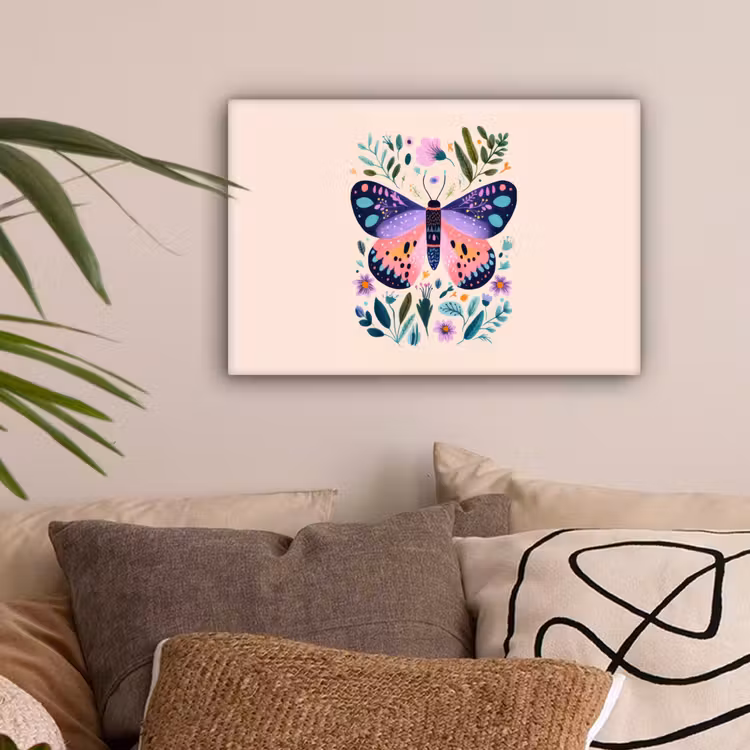 Bloemen - Bladeren - Vlinder - Kleurrijk canvas 2cm klein -sfeer1