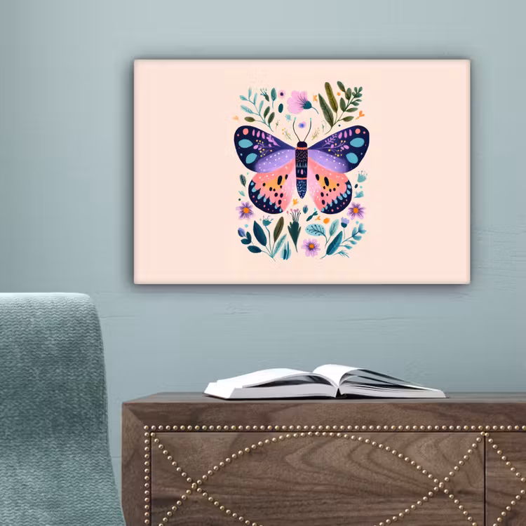 Bloemen - Bladeren - Vlinder - Kleurrijk canvas 2cm klein -sfeer4
